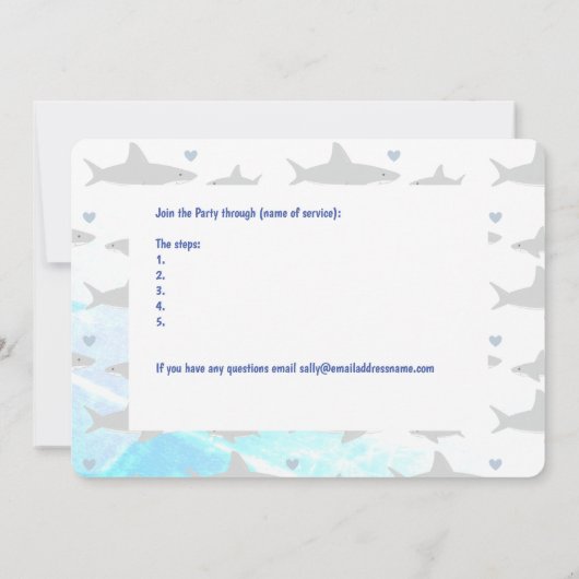 Virtual Baby Dusche White Gray Blue Shark Cartoon Einladung (Rückseite)