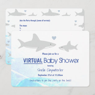 Virtual Baby Dusche White Gray Blue Shark Cartoon Einladung