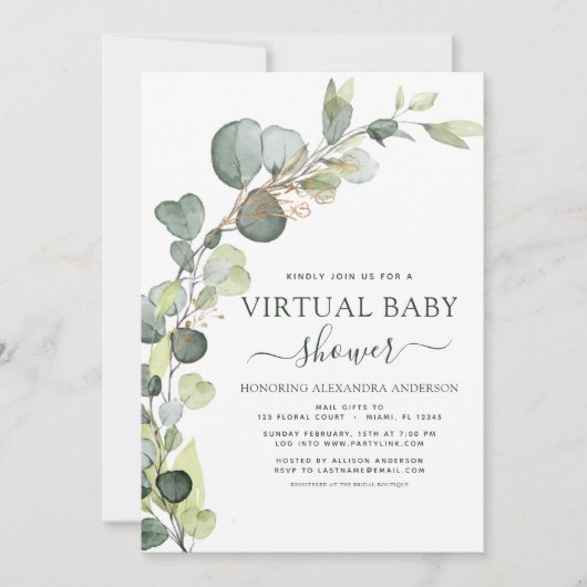Virtual Baby Duwer Greenery Eucalyptus Succulent Einladung (Vorderseite)
