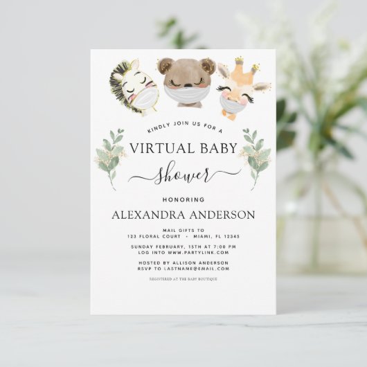 Virtual Baby Duwer Woodland Eukalyptus Greenery Einladung (Stehend Vorderseite)