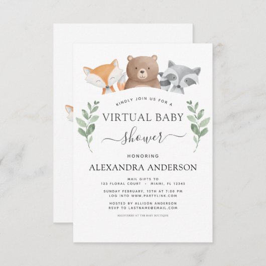 Virtual Baby Duwer Woodland Eukalyptus Greenery Einladung (Vorne/Hinten)