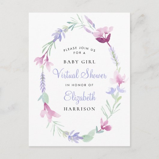 Virtual Baby Girl Dusche Lila florale Wasserfarbe Einladungspostkarte (Vorderseite)
