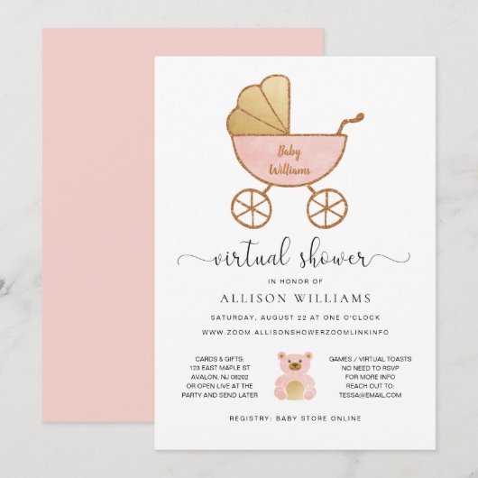 Virtual Baby Girl Dusche Rosa Gold Retro Carriage Einladung (Vorne/Hinten)