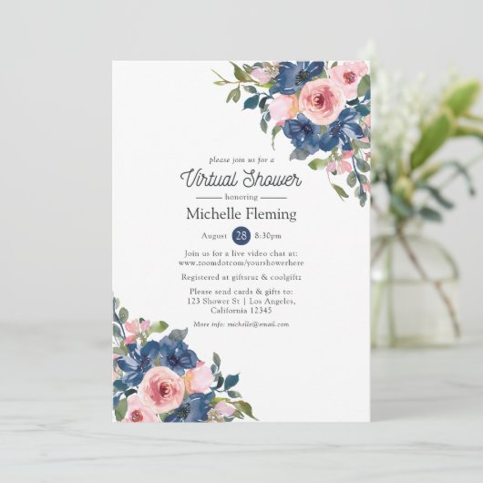 Virtual Baby oder Brautparty für Navy & Blush Einladung (Stehend Vorderseite)