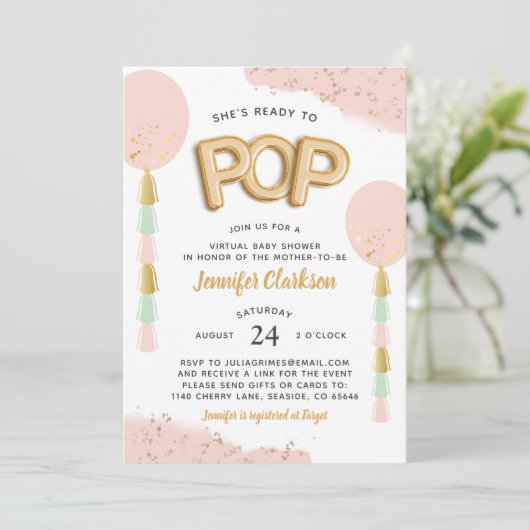 Virtual Baby Shower Balloons "ready to Pop" Einladung (Stehend Vorderseite)