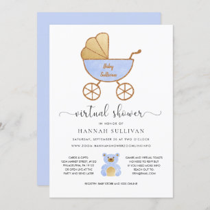 Virtual Baby Shower Boy Retro Carriage Blue Gold Einladung
