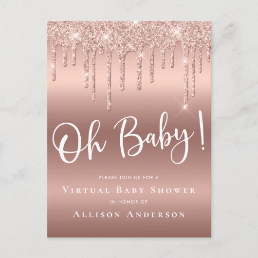 Virtual Baby Shower Driving Glitzer Rose Gold Einladungspostkarte (Vorderseite)