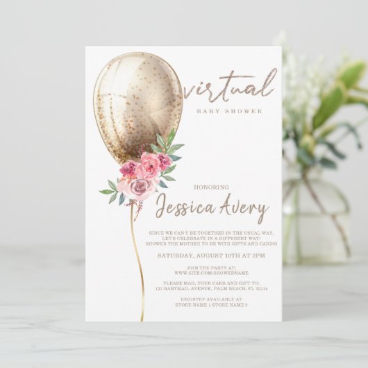 Virtual Baby Shower Luxe Beige Balloon Glitzer Einladung (Stehend Vorderseite)