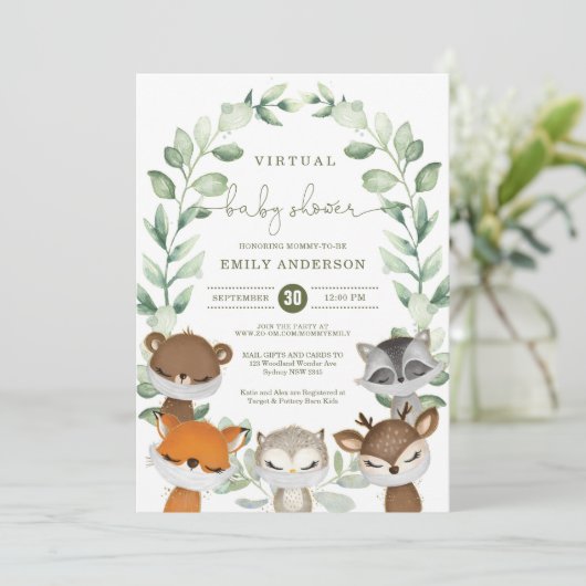 Virtual Baby Shower Quarantine Woodland Animals Einladung (Stehend Vorderseite)