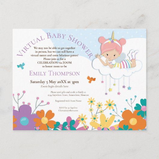 Virtual Baby Shower Unicorn Fairy Birds Florals Einladungspostkarte (Vorderseite)