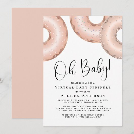 Virtual Baby Sprinkle Rose Gold Donuts Einladung (Vorne/Hinten)
