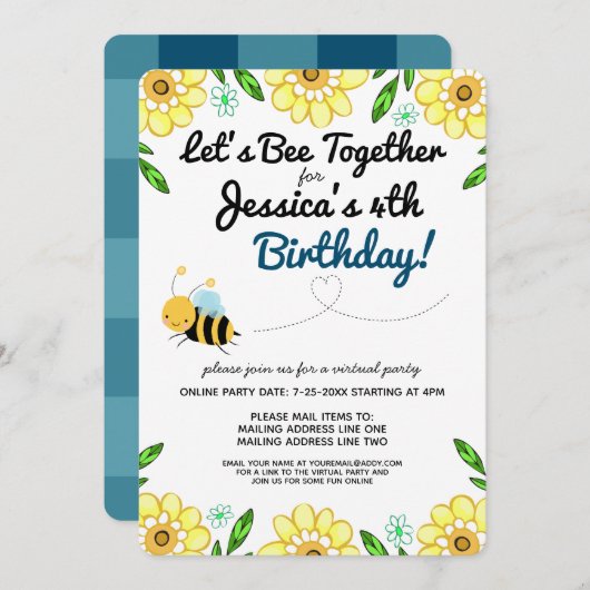 Virtual Bee Birthday Party per Mail Einladung (Vorne/Hinten)
