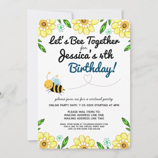 Virtual Bee Birthday Party per Mail Einladung (Vorderseite)
