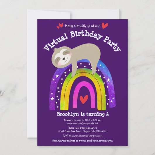 Virtual Birthday Niedlich Sloth Modern Boho Rainbo Einladung (Vorderseite)