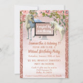 Virtual Birthday Party Rose Gold Unicorn Einladung (Vorderseite)