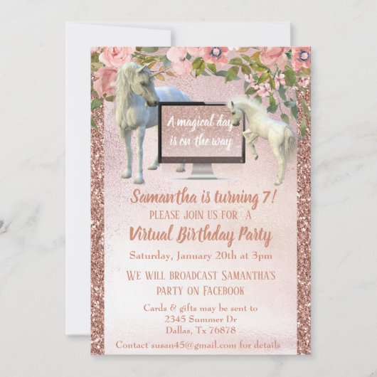 Virtual Birthday Party Rose Gold Unicorn Einladung (Vorderseite)