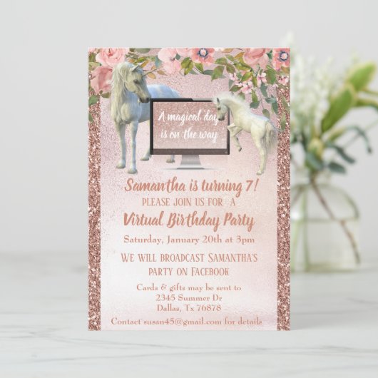 Virtual Birthday Party Rose Gold Unicorn Einladung (Stehend Vorderseite)