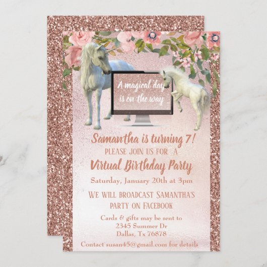 Virtual Birthday Party Rose Gold Unicorn Einladung (Vorne/Hinten)