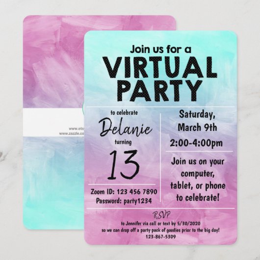 Virtual Birthday Party Watercolor Design Einladung (Vorne/Hinten)