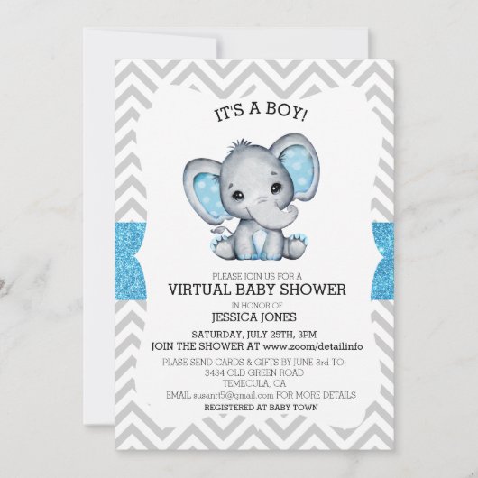 Virtual Blue Elephant Zickzack Glitzer Baby Dusche Einladung (Vorderseite)
