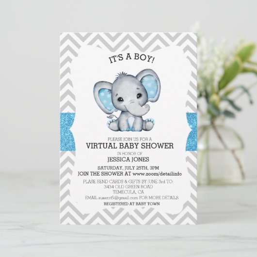 Virtual Blue Elephant Zickzack Glitzer Baby Dusche Einladung (Stehend Vorderseite)