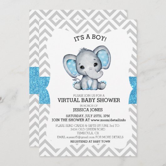 Virtual Blue Elephant Zickzack Glitzer Baby Dusche Einladung (Vorne/Hinten)