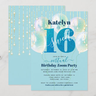 Virtual Blue Glitzer Sweet 16 Geburtstagsballons Einladung