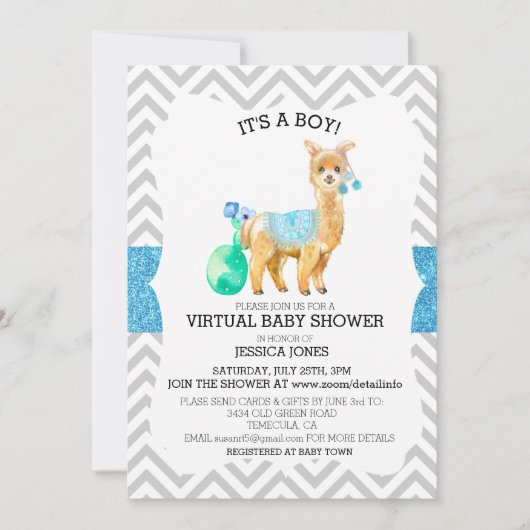 Virtual Blue Llama Zickzack Glitzer Baby Dusche Einladung (Vorderseite)