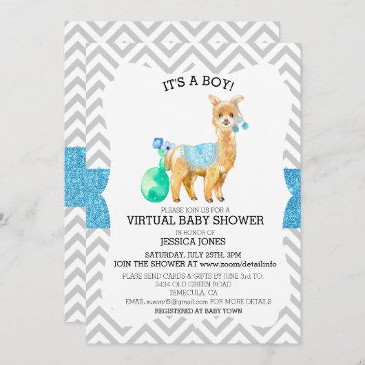 Virtual Blue Llama Zickzack Glitzer Baby Dusche Einladung (Vorne/Hinten)