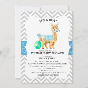 Virtual Blue Llama Zickzack Glitzer Baby Dusche Einladung