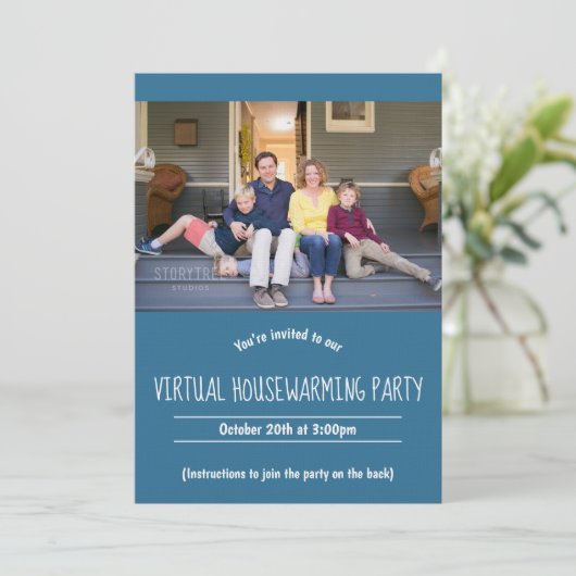 Virtual Blue White Housewarming Foto Einladung (Stehend Vorderseite)