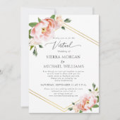 Virtual Blush Floral Gold Dusty Blue Wedding Einladung (Vorderseite)