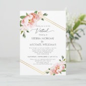 Virtual Blush Floral Gold Dusty Blue Wedding Einladung (Stehend Vorderseite)