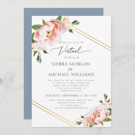 Virtual Blush Floral Gold Dusty Blue Wedding Einladung (Vorne/Hinten)