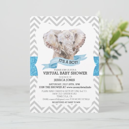 Virtual Boy Elephant Zickzack Glitzer Baby Dusche Einladung (Stehend Vorderseite)