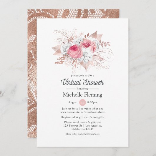 Virtual Brautparty für Floral und Spitzen Einladung (Vorne/Hinten)