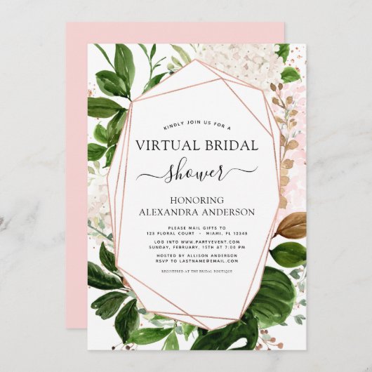 Virtual Brautparty Greenery Rose Gold Geometric Einladung (Vorne/Hinten)