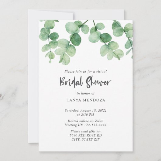 Virtual Brautparty Sage Green Eucalyptus Script Einladung (Vorderseite)
