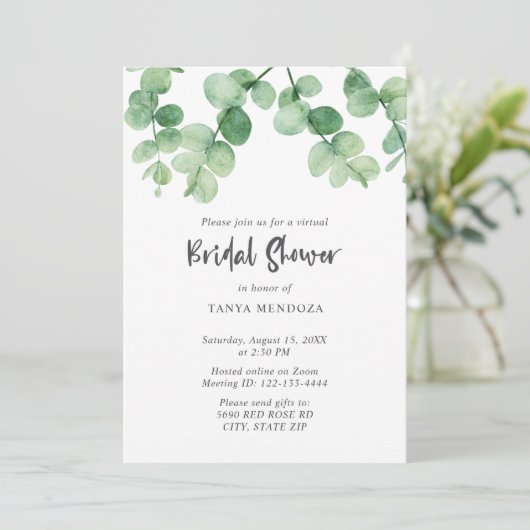 Virtual Brautparty Sage Green Eucalyptus Script Einladung (Stehend Vorderseite)