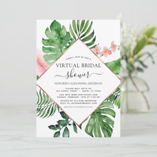 Virtual Brautparty Tropical Palm Geometric Einladung (Stehend Vorderseite)