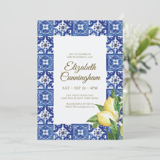 Virtual Celebration of Life Blue Mediterranean Einladung (Stehend Vorderseite)