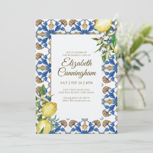 Virtual Celebration of Life Blue Mediterranean Einladung (Stehend Vorderseite)