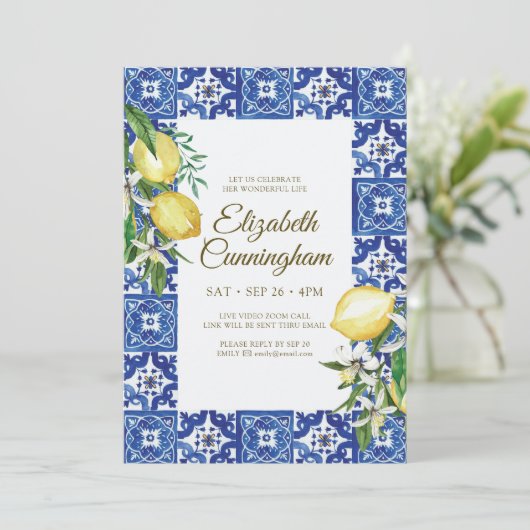 Virtual Celebration of Life Blue Mediterranean Einladung (Stehend Vorderseite)