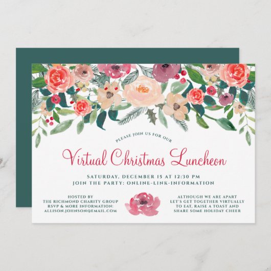 Virtual Christmas Luncheon Winter Florals Einladung (Vorne/Hinten)
