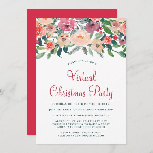 Virtual Christmas Party Winter Florals Grüne Einladung (Vorne/Hinten)