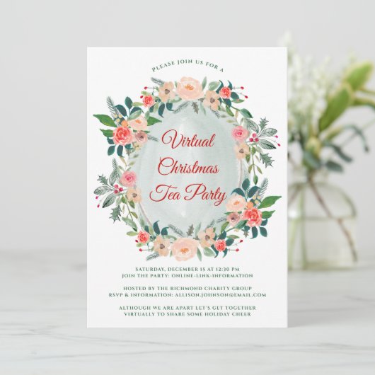 Virtual Christmas Tee Party Winter Florals Einladung (Stehend Vorderseite)