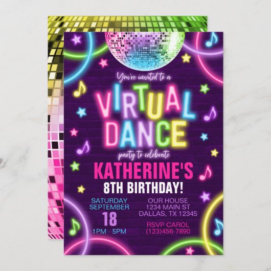 Virtual Dance Party Neon Glow Geburtstag Einladung (Vorne/Hinten)
