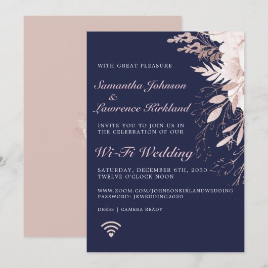 Virtual Dusty Rose Floral Navy Blue Wedding Einladung (Vorne/Hinten)