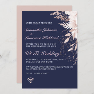 Virtual Dusty Rose Floral Navy Blue Wedding Einladung