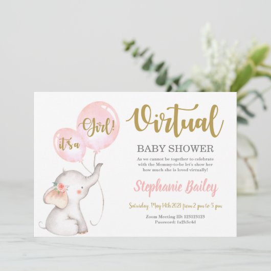 Virtual Elefant Baby Dusche Mädchen Einladung (Stehend Vorderseite)